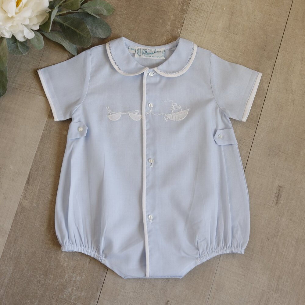 Boy's Heirloom Blue Creeper Romper Feltman Brothers Newborn Tug Boat NEW